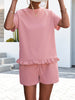 Women's Knitted Round Neck Ruffle Short Sleeve Shorts Casual Two-piece Set