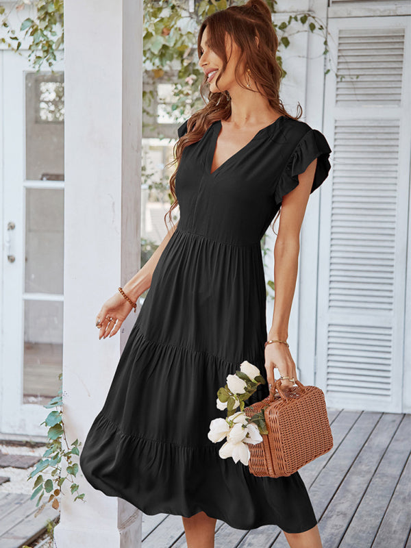 Women's Casual V Neck Flying Sleeves Solid Color Dress