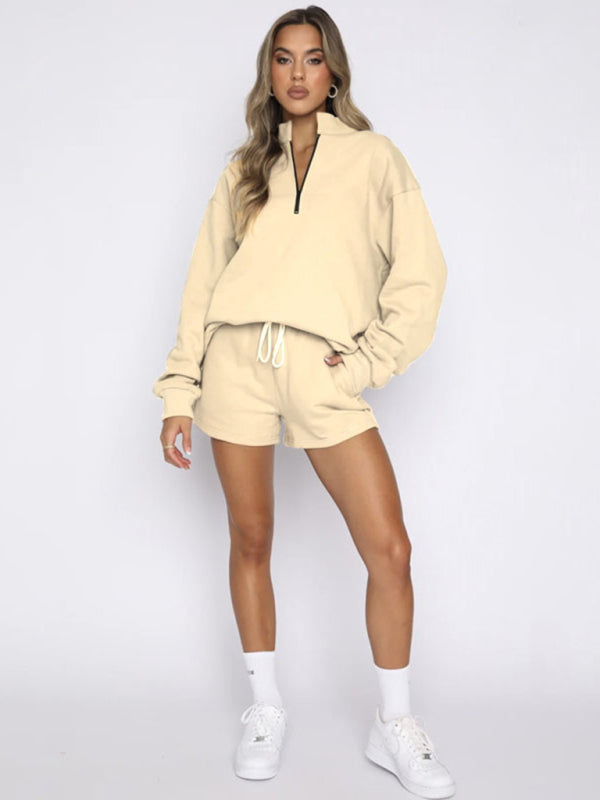 Women's New Solid Color Stand Collar Zipper Pullover Long Sleeve Sweatshirt Shorts Set