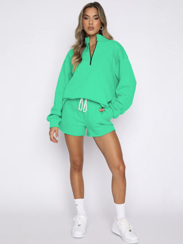 Women's New Solid Color Stand Collar Zipper Pullover Long Sleeve Sweatshirt Shorts Set