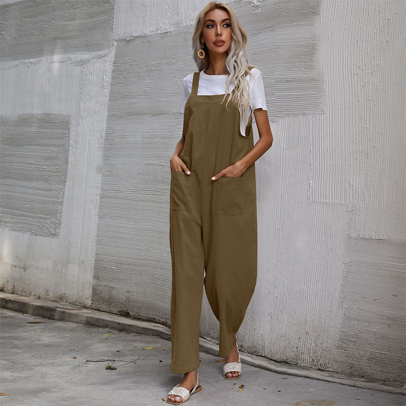 Trendy cotton and linen lazy style pure color sleeveless suspenders one-piece overalls for women