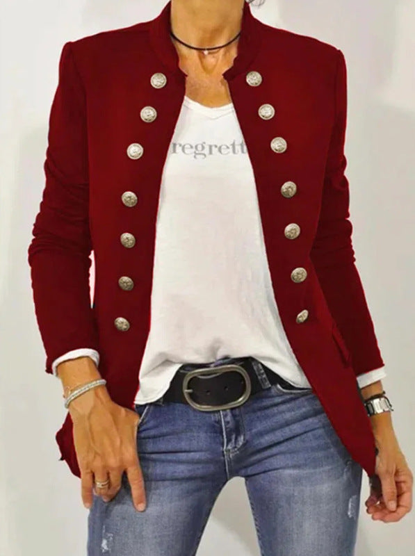 Women's Solid Color Stand Collar Button Up Casual Jacket