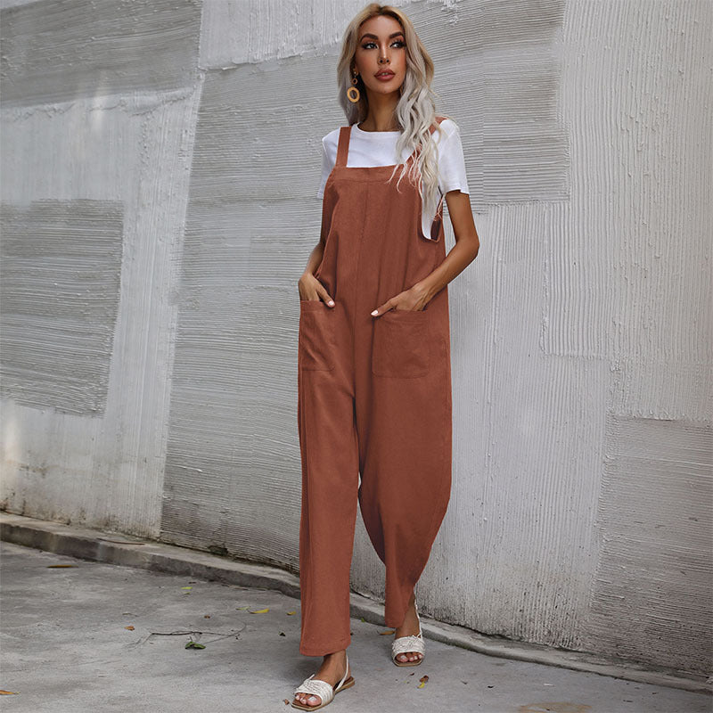 Trendy cotton and linen lazy style pure color sleeveless suspenders one-piece overalls for women