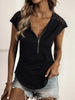 Women's solid color round neck zipper stitching lace short-sleeved T-shirt
